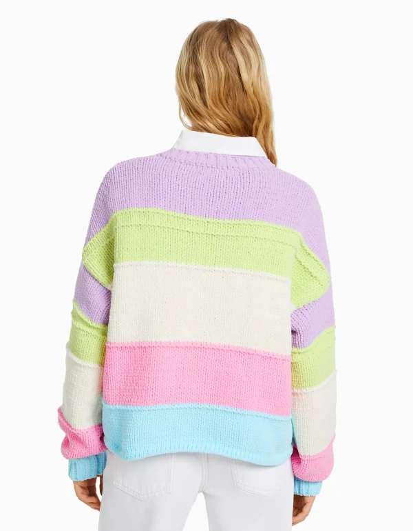 BERSHKA Maille*Pull chenille rayures multicolores Violet