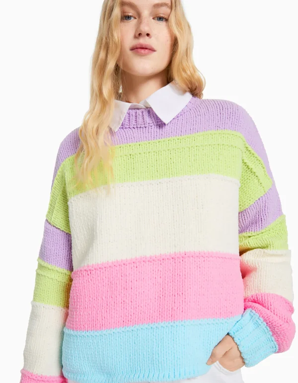 BERSHKA Maille*Pull chenille rayures multicolores Violet