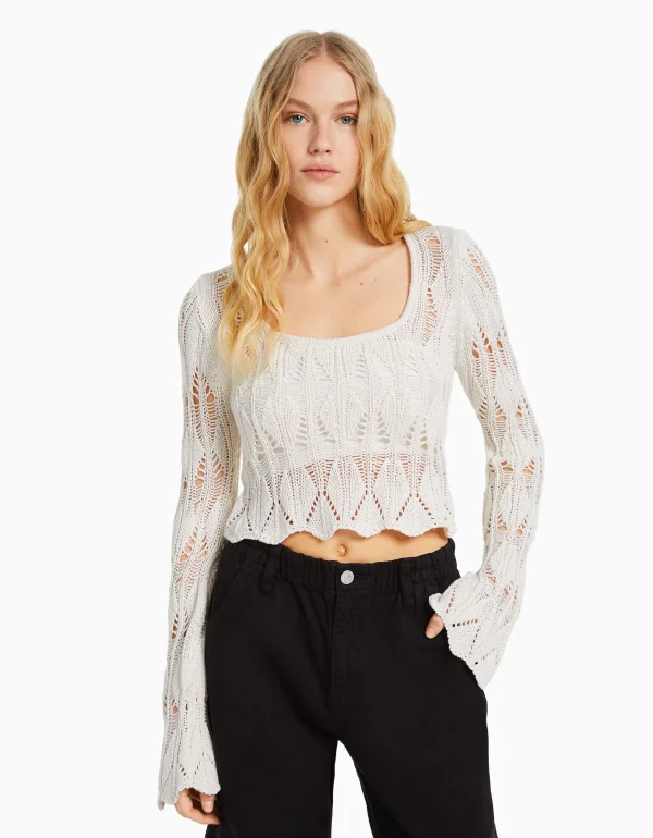 BERSHKA Maille*Pull col carré ajouré Écru