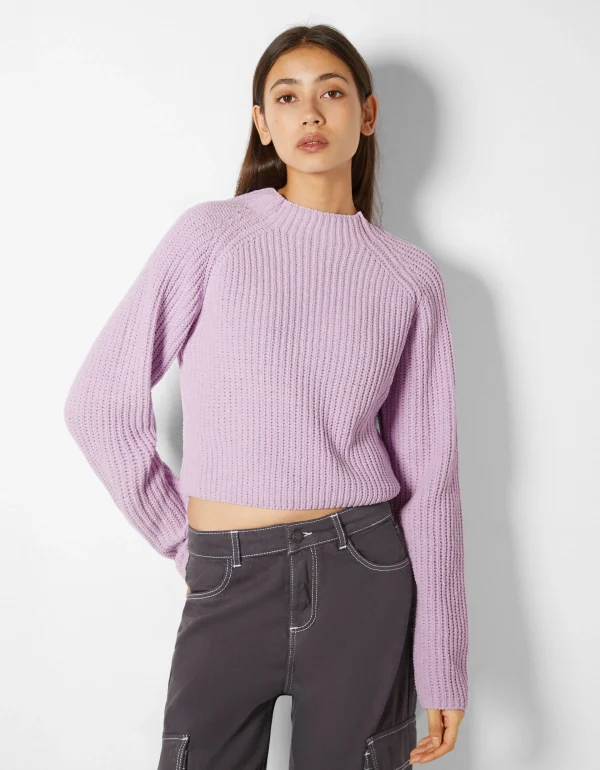 BERSHKA Maille*Pull col montant chenille Violet