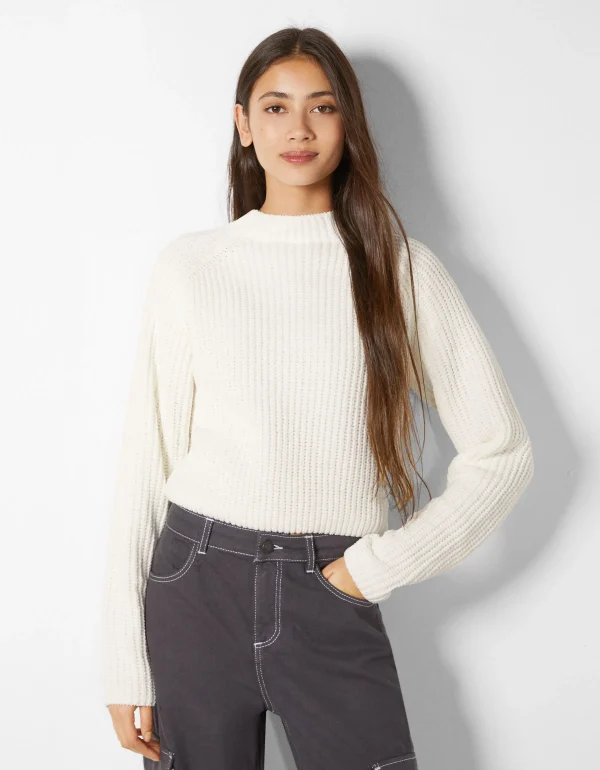 BERSHKA Maille*Pull col montant chenille Violet