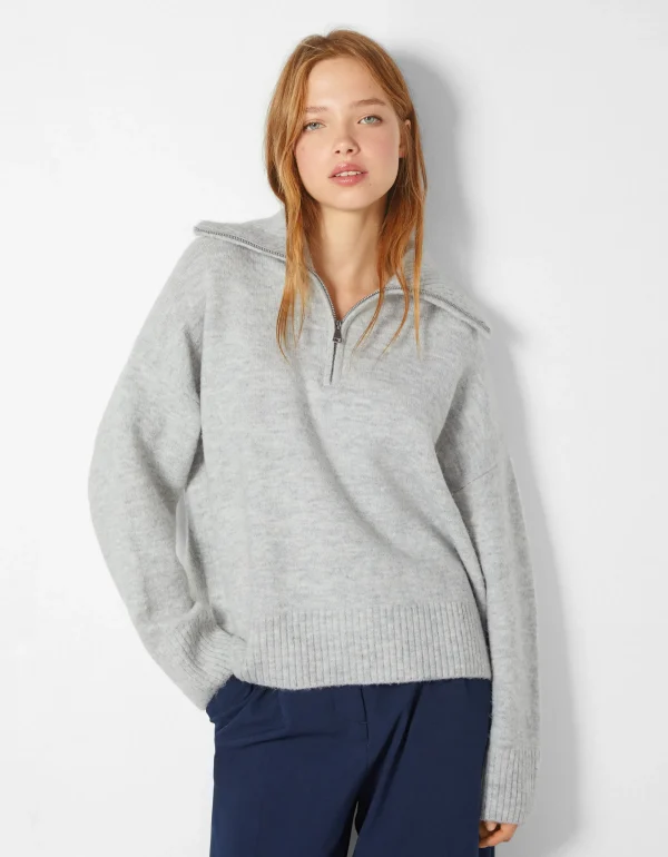 BERSHKA BSK Teen*Pull col montant fermeture éclair Gris