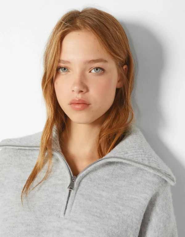 BERSHKA BSK Teen*Pull col montant fermeture éclair Gris