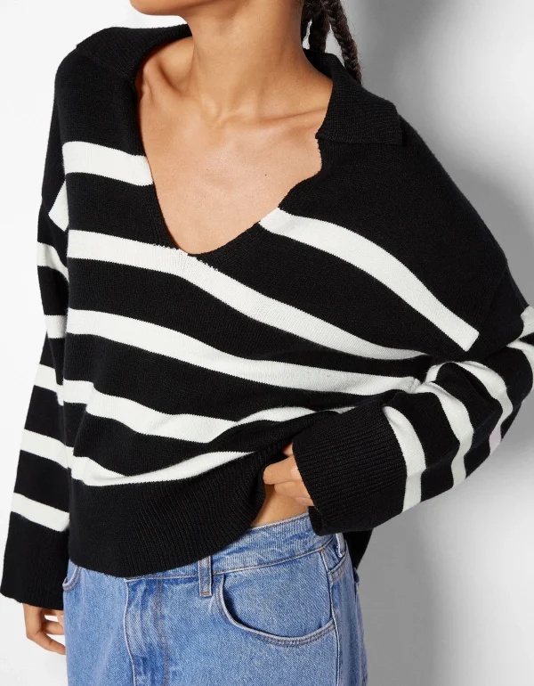 BERSHKA Maille*Pull col polo Noir