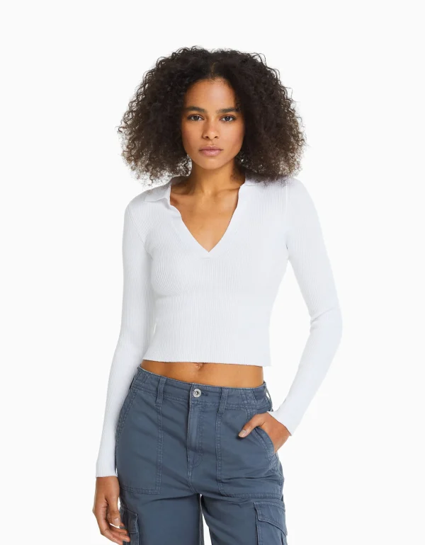 BERSHKA Maille*Pull col polo bord-côte Blanc