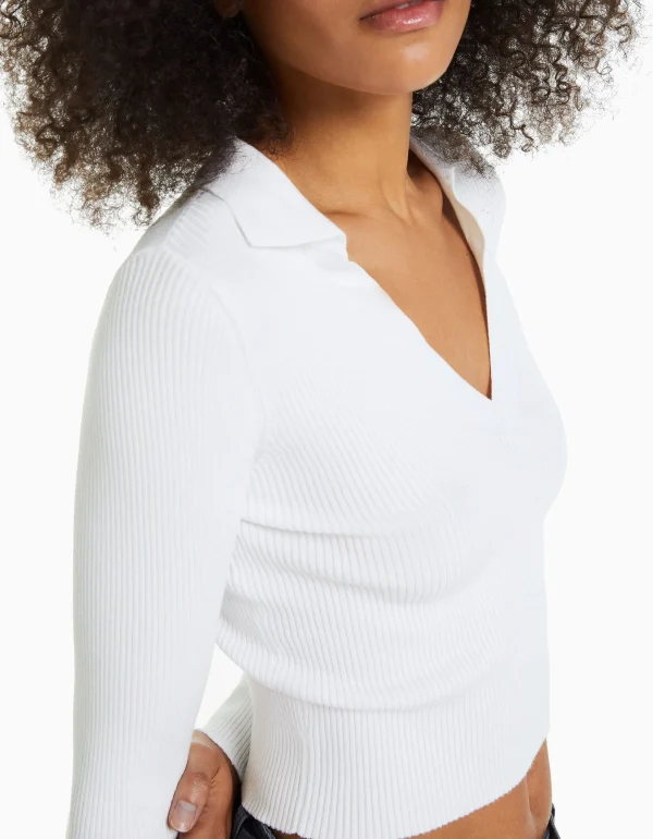 BERSHKA Maille*Pull col polo bord-côte Blanc