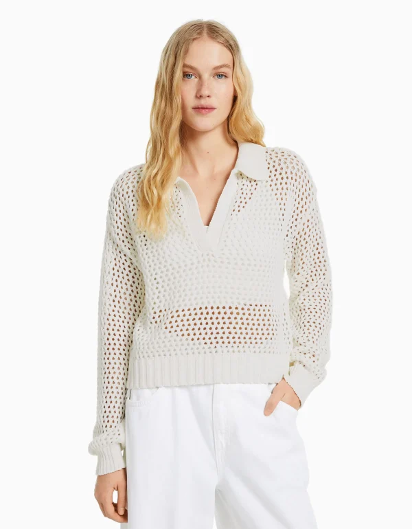 BERSHKA Maille*Pull col polo filet Écru