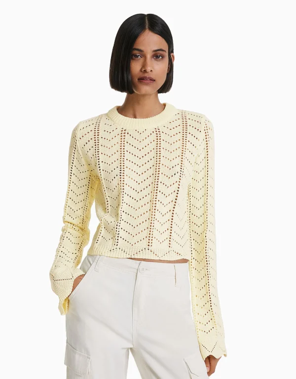 BERSHKA Maille*Pull col rond ajouré Jaune