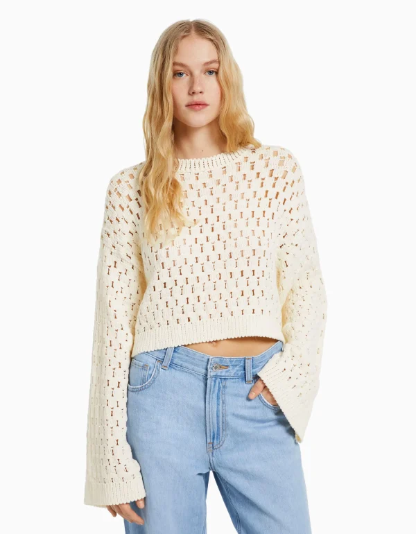 BERSHKA Maille*Pull col rond rustique ajours Écru