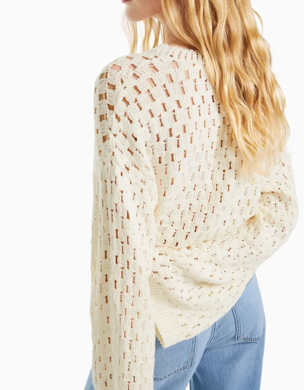 BERSHKA Maille*Pull col rond rustique ajours Écru