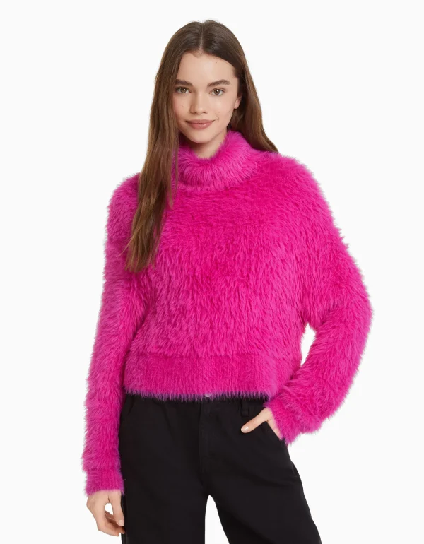 BERSHKA Maille*Pull col roulé effet fourrure Fuchsia