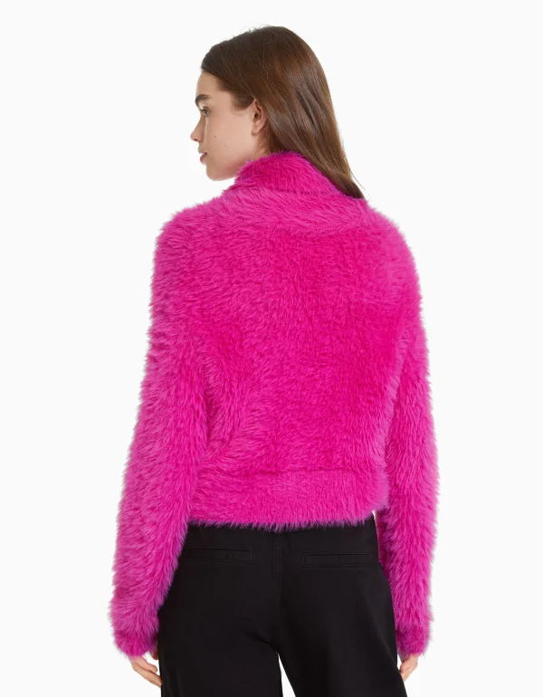 BERSHKA Maille*Pull col roulé effet fourrure Fuchsia