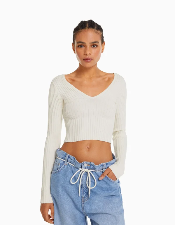 BERSHKA Vêtements*Pull col V bord-côte Écru