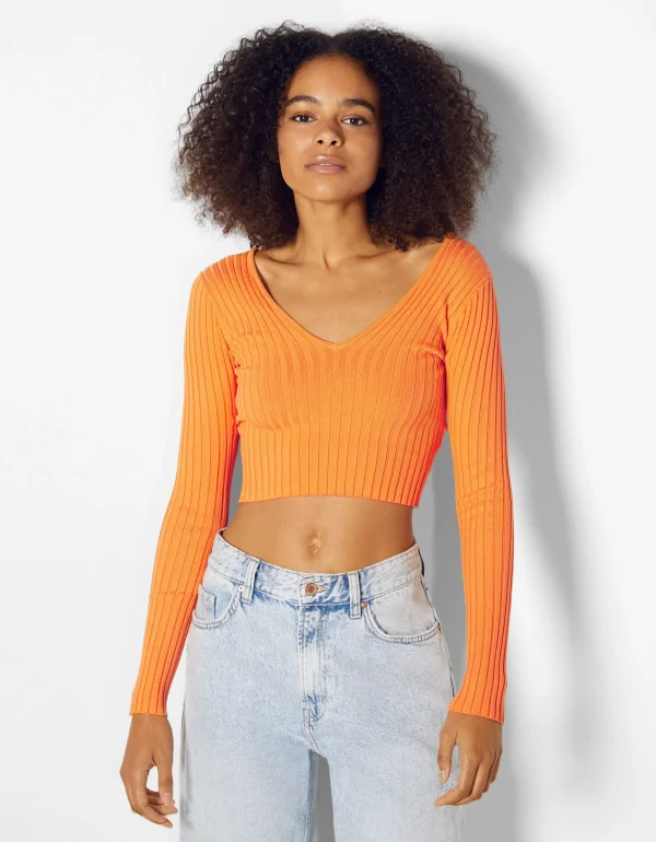 BERSHKA Maille*Pull col V bord-côte Orange