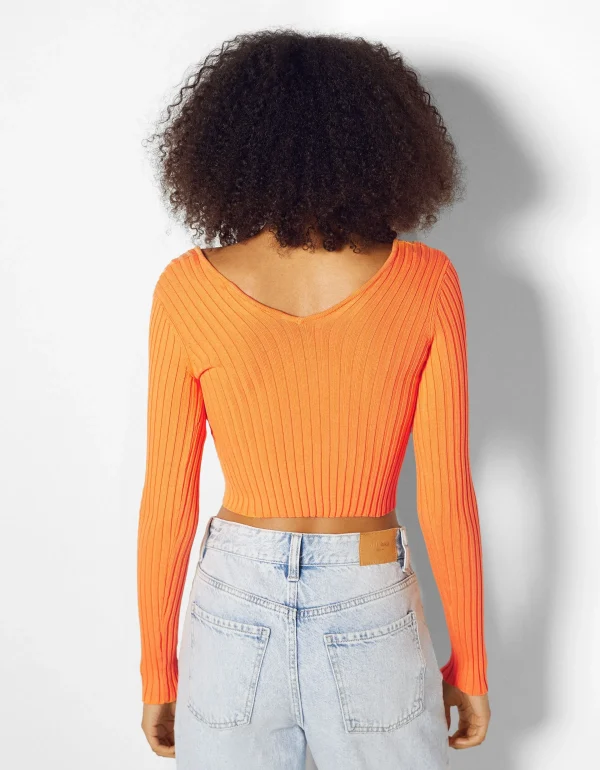 BERSHKA Maille*Pull col V bord-côte Orange