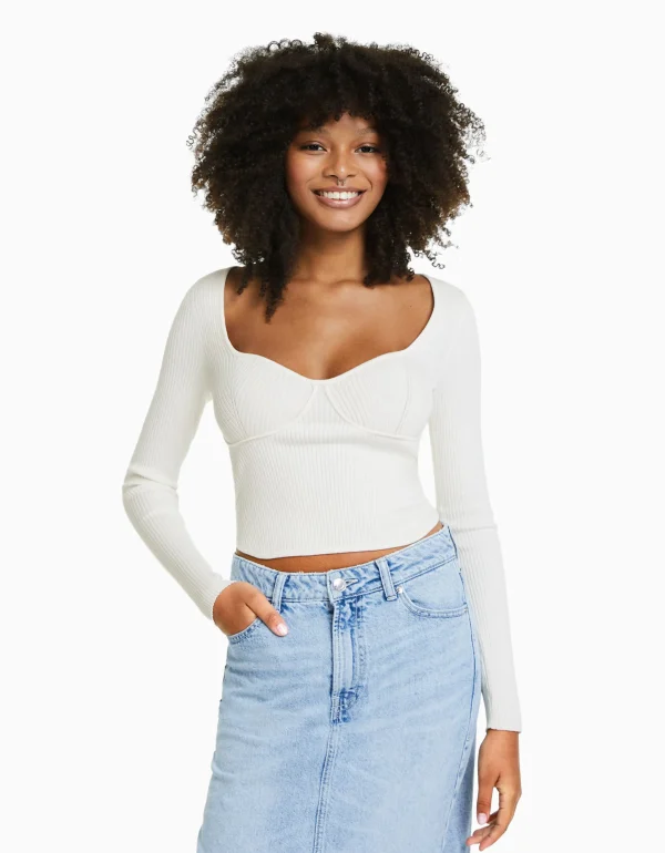 BERSHKA Maille*Pull corset maille côtelée Écru