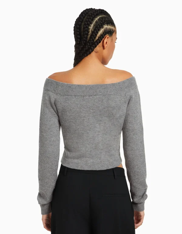 BERSHKA Maille*Pull court col en V Gris