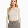 BERSHKA Maille*Pull croisé devant cut out Écru