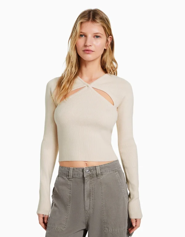 BERSHKA Maille*Pull croisé devant cut out Écru