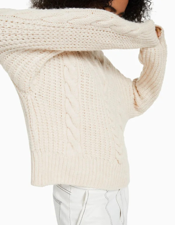 BERSHKA Maille*Pull cropped tressé col montant Écru