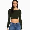 BERSHKA Maille*Pull cut out bord-côte Kaki