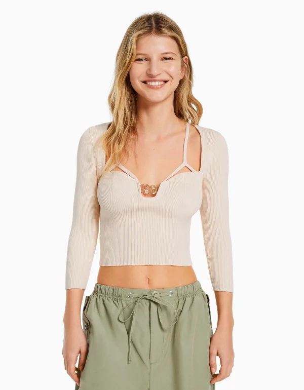 BERSHKA Party Collection*Pull décolleté pierres fantaisie Beige