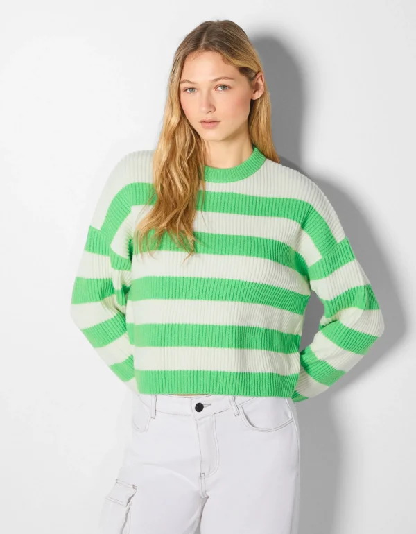 BERSHKA Maille*Pull rayé à col rond Vert