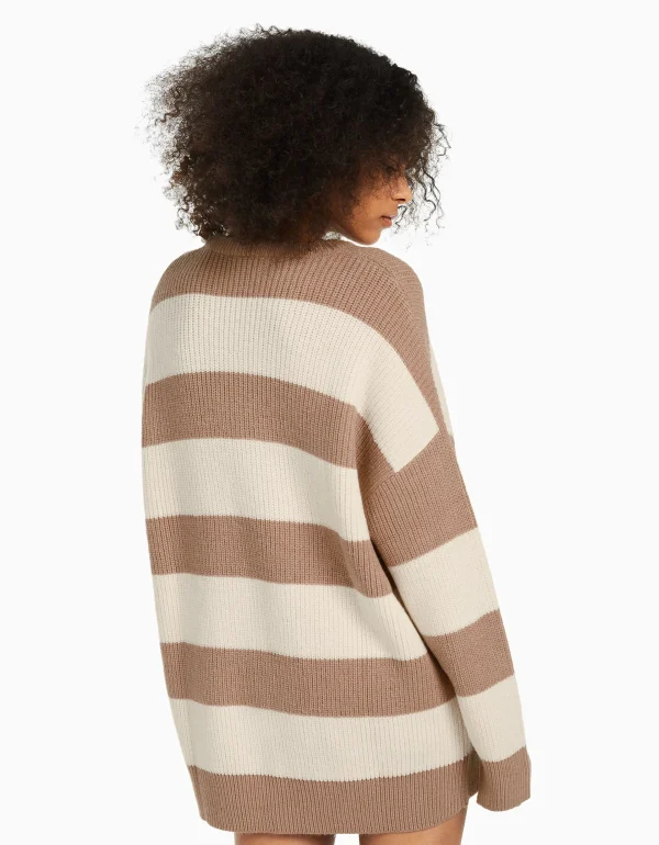 BERSHKA Maille*Pull rayé à col rond Sable