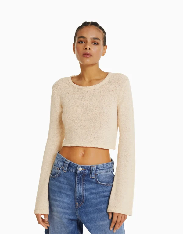 BERSHKA Vêtements*Pull rustique col rond Écru