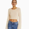 BERSHKA Vêtements*Pull rustique col rond Écru