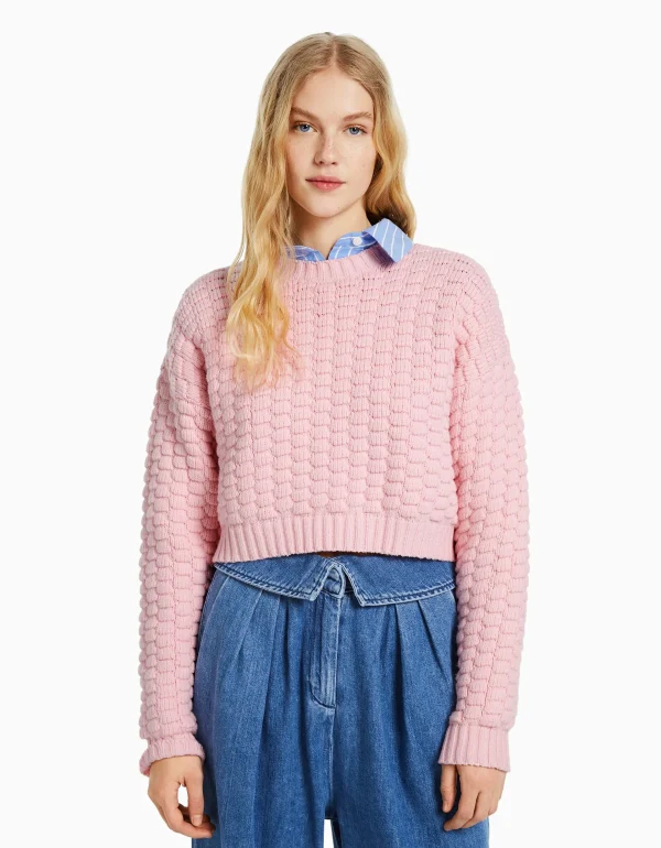 BERSHKA Maille*Pull texturé Rose