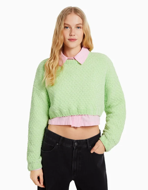 BERSHKA Maille*Pull texturé chenille Vert