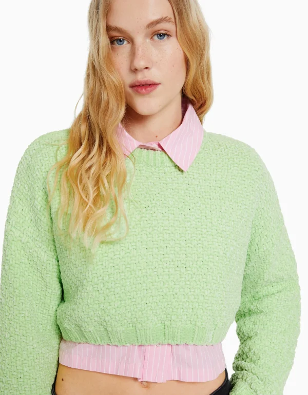 BERSHKA Maille*Pull texturé chenille Vert