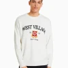 BERSHKA Vêtements*Pull varsity brodé Blanc