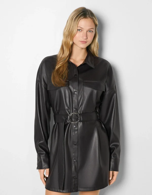 BERSHKA Robes*Robe chemise manches longues ceinture similicuir Noir