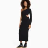 BERSHKA Vêtements*Robe longue asymétrique manches longues cut out Noir