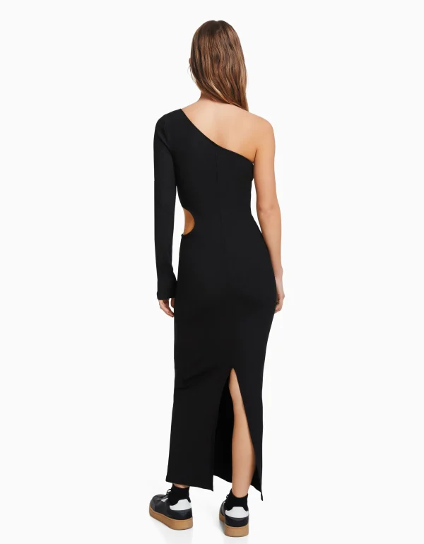 BERSHKA Vêtements*Robe longue asymétrique manches longues cut out Noir