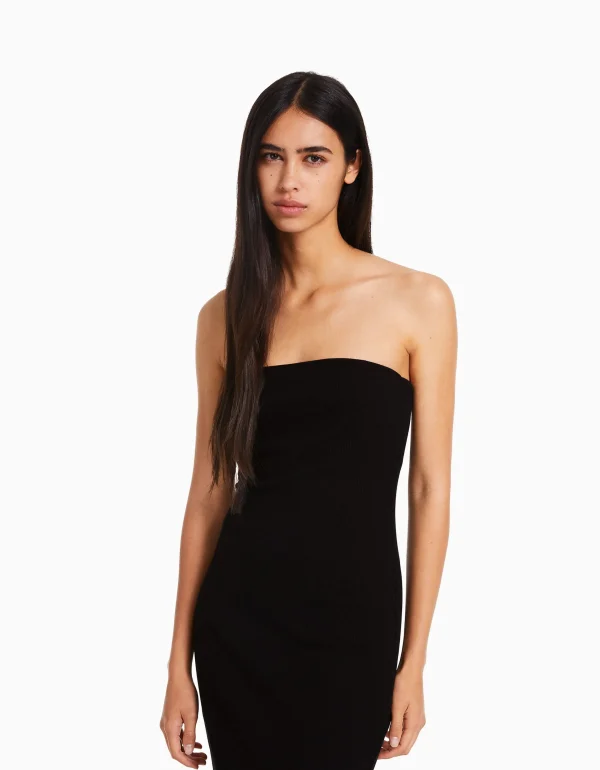 BERSHKA Vêtements*Robe longue bord-côte Noir