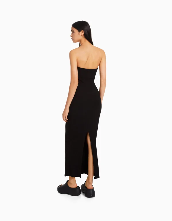 BERSHKA Vêtements*Robe longue bord-côte Noir