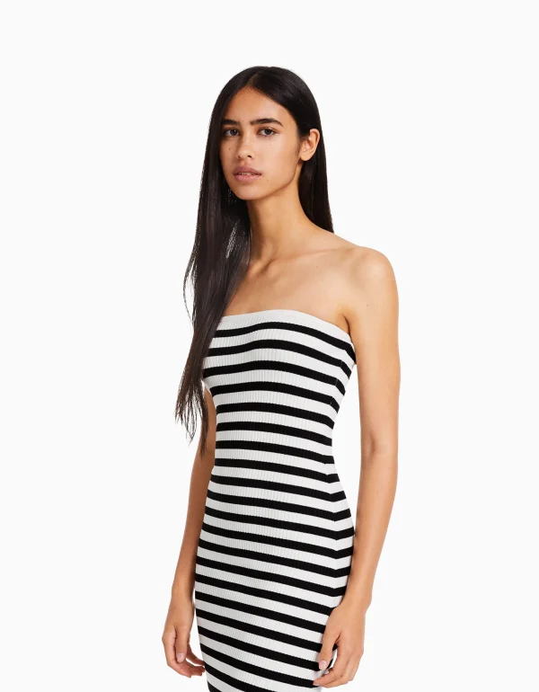 BERSHKA Vêtements*Robe midi bandeau rayures Blanc