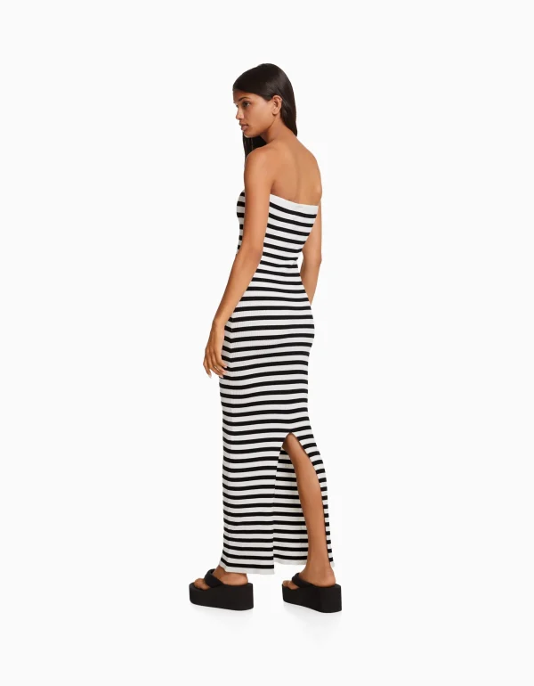 BERSHKA Vêtements*Robe midi bandeau rayures Blanc