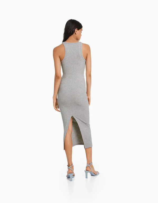 BERSHKA Vêtements*Robe midi bord-côte Gris