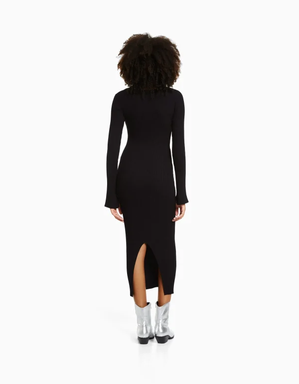 BERSHKA Vêtements*Robe midi manches longues maille bord-côte Noir