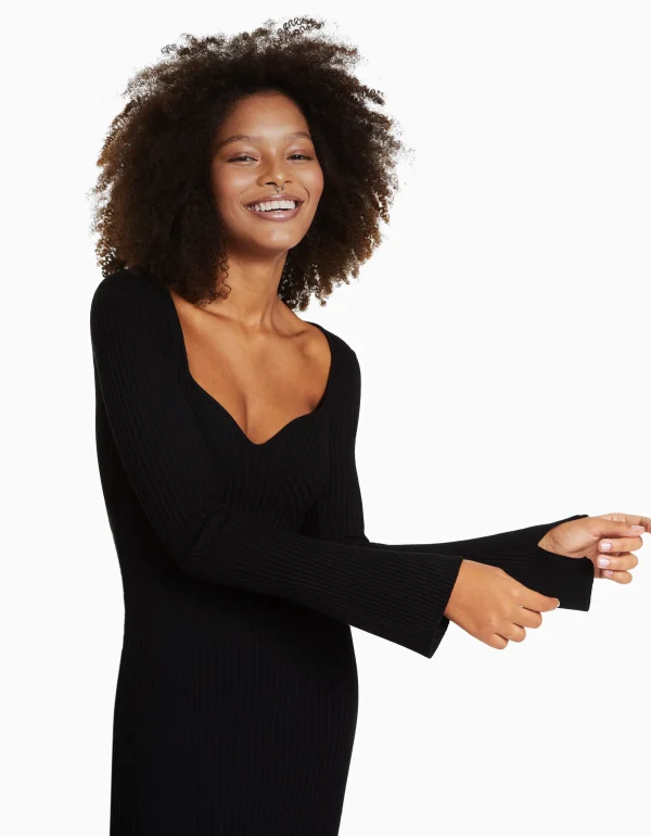 BERSHKA Vêtements*Robe midi manches longues maille bord-côte Noir