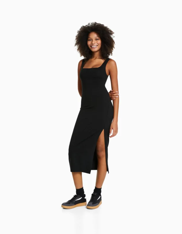 BERSHKA Vêtements*Robe midi moulante bretelles Bleu