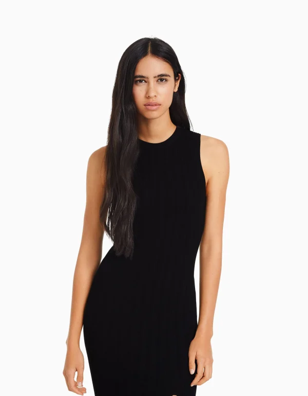 BERSHKA Basiques*Robe midi sans manches maille Noir