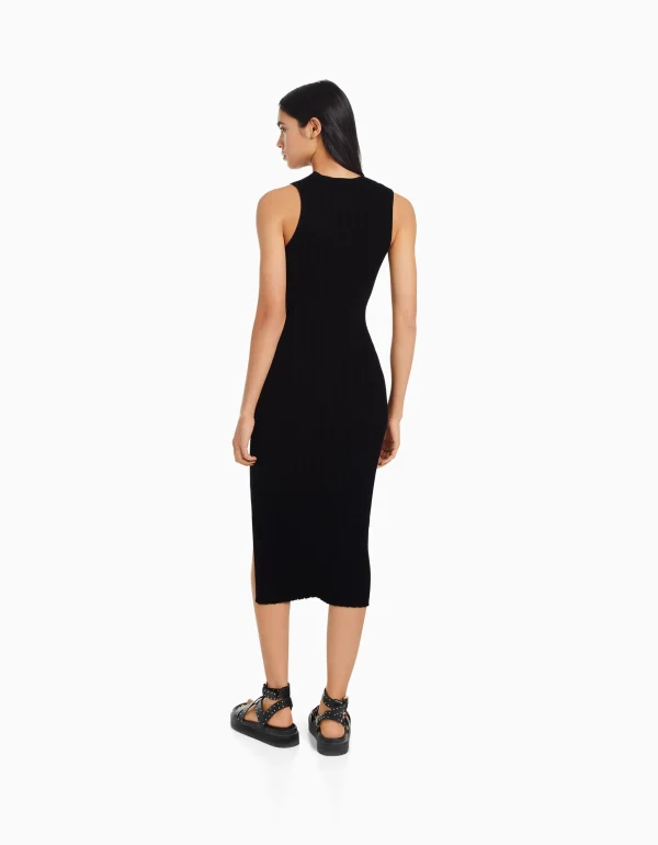 BERSHKA Basiques*Robe midi sans manches maille Noir