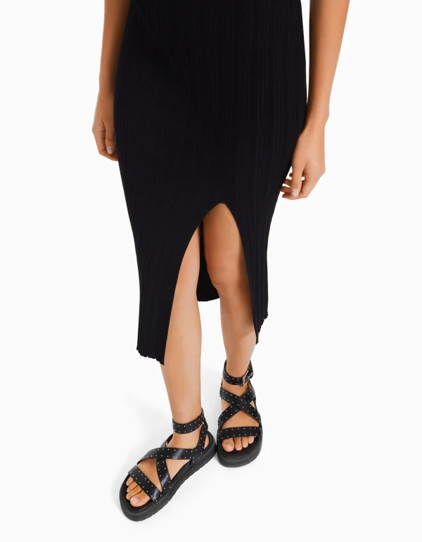 BERSHKA Basiques*Robe midi sans manches maille Noir