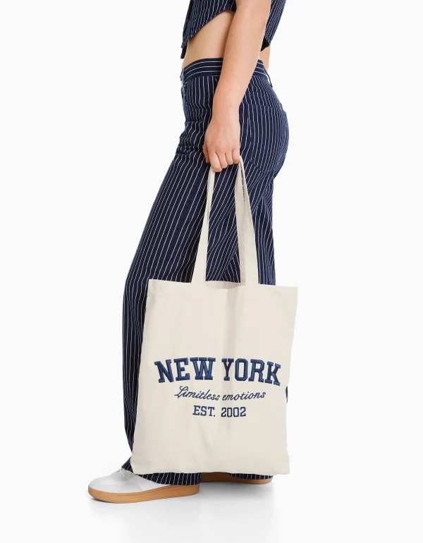 BERSHKA Best sellers*Sac cabas toile imprimé Écru