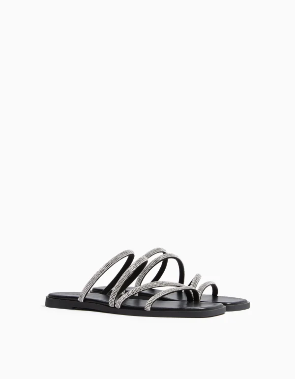 BERSHKA New*Sandales plate brillantes Noir